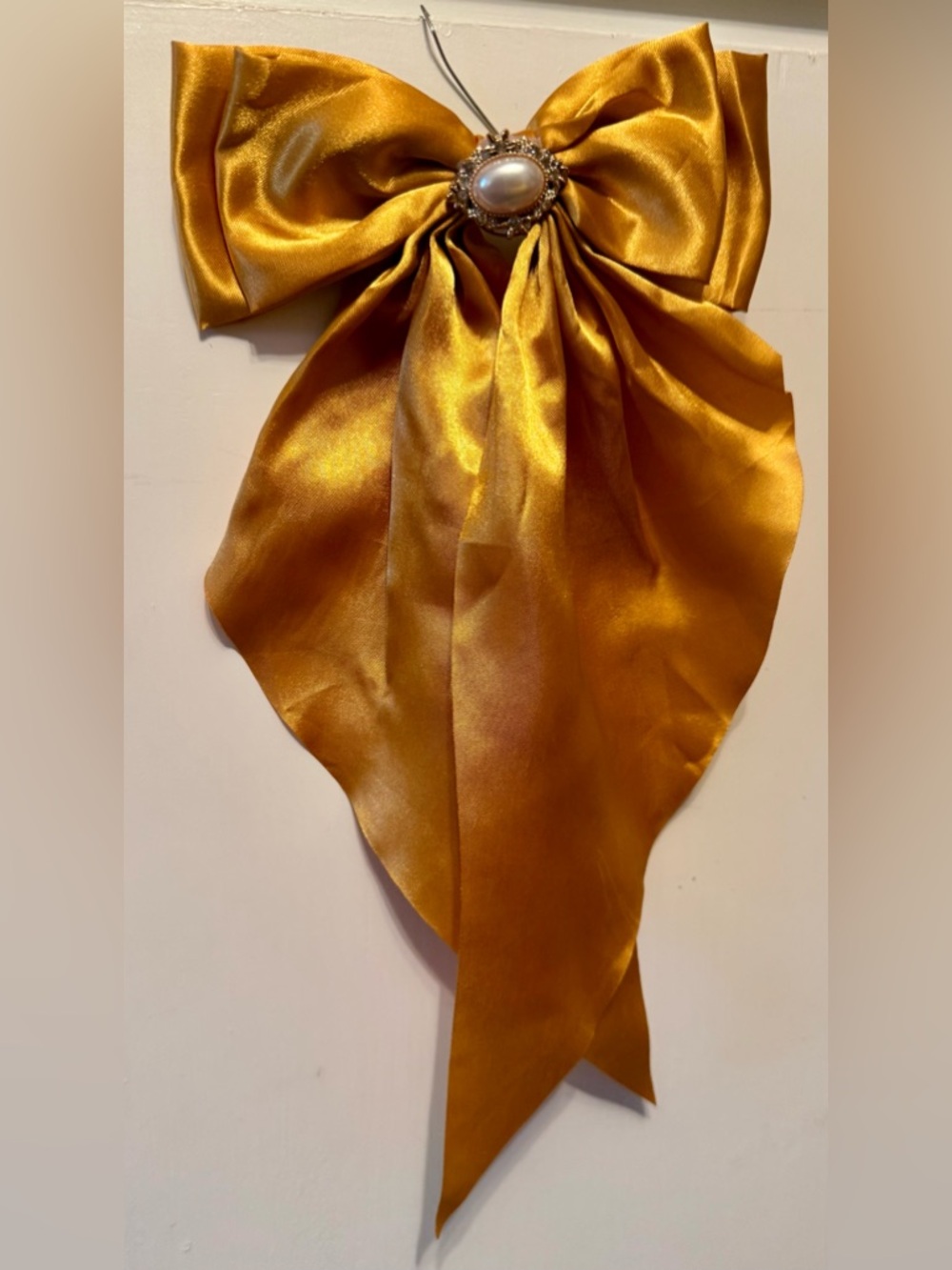 Satin Bow with Long Tails and Faux Pearl Center Hair Clip